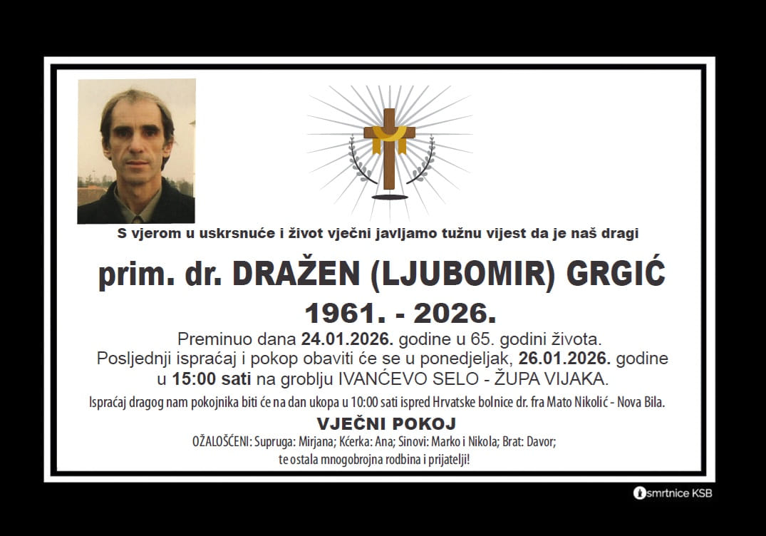 Detalji ispraćaja i sahrane prim. dr. Dražena Grgića